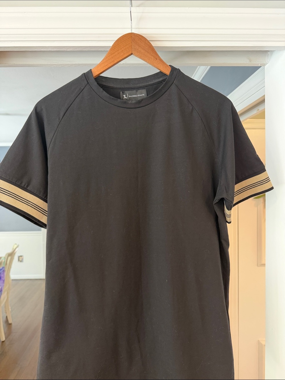 Men's Tailored Athlete Black Short-Sleeve Crewneck Shirt with Tan Stripe Detail